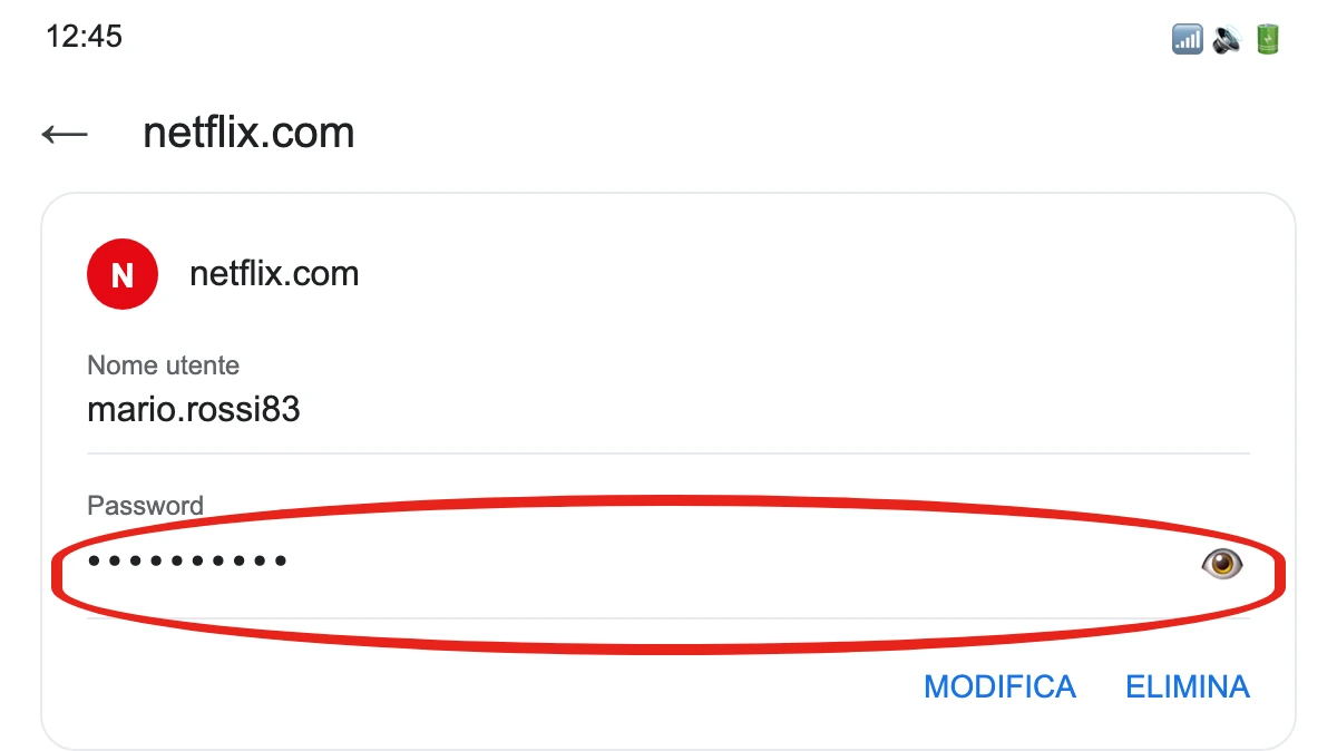 Il Gestore delle password di Google aperto in Chrome su Android, con una password coperta da pallini e l'icona a forma di occhio per rivelarla