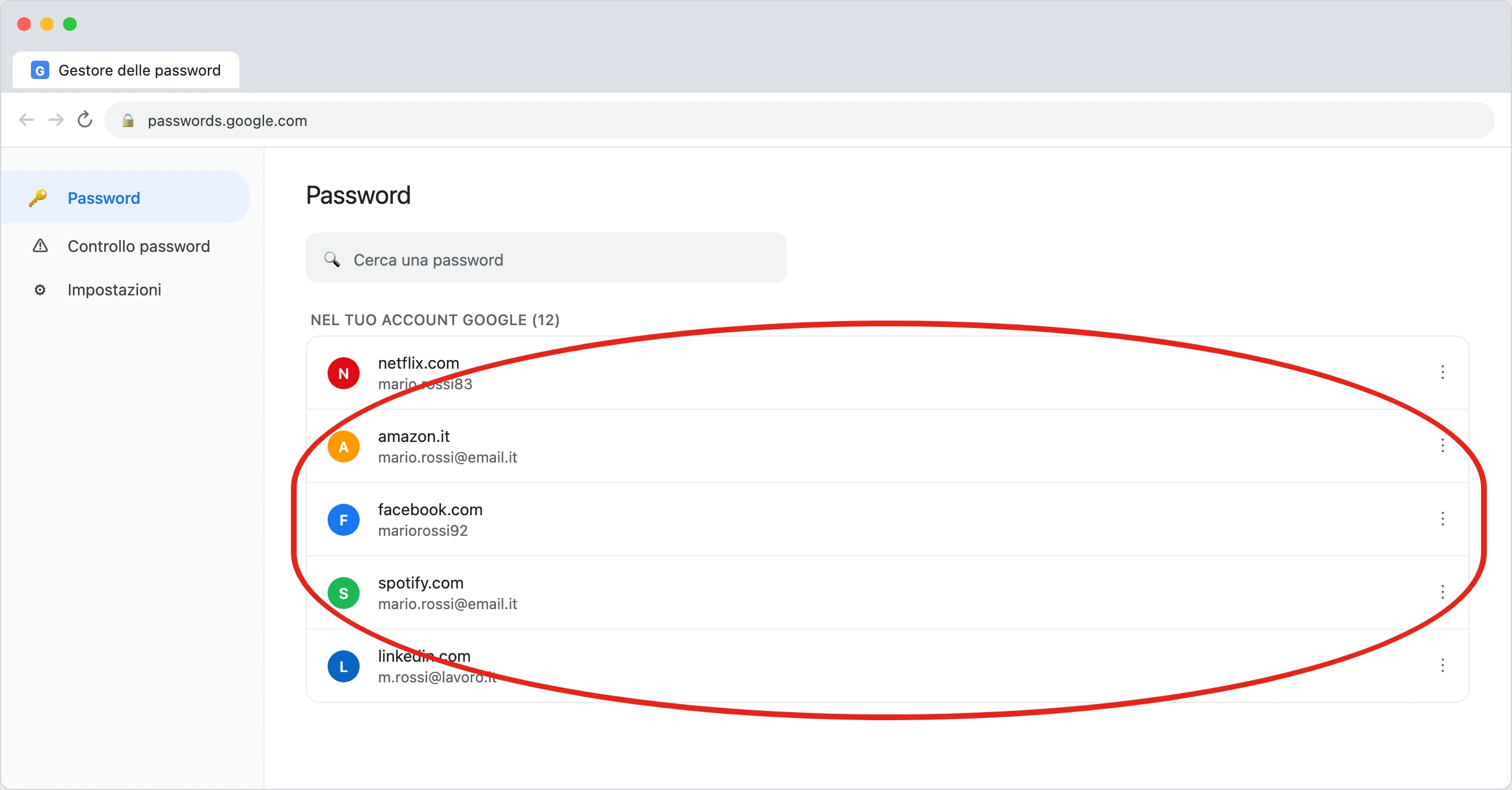 Il Gestore delle password di Google aperto in Chrome su computer, con l'elenco dei siti salvati