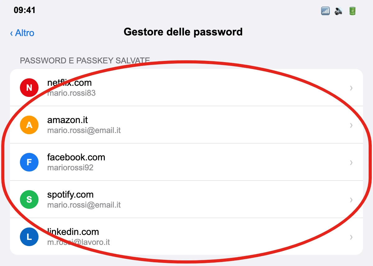 La sezione «Password e passkey salvate» nell'app Chrome per iPhone