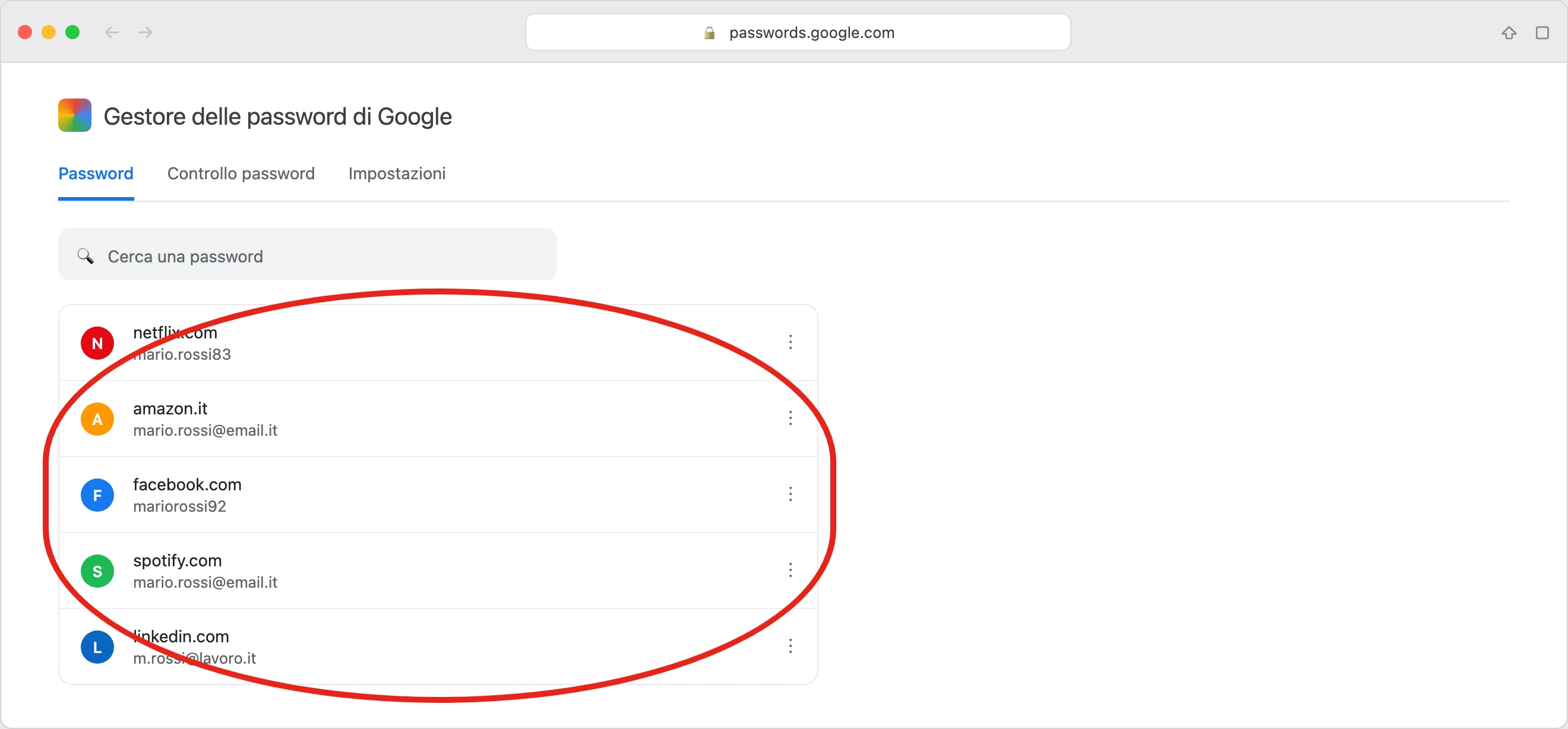 La pagina passwords.google.com aperta da Safari, un browser diverso da Chrome, con lo stesso elenco di password