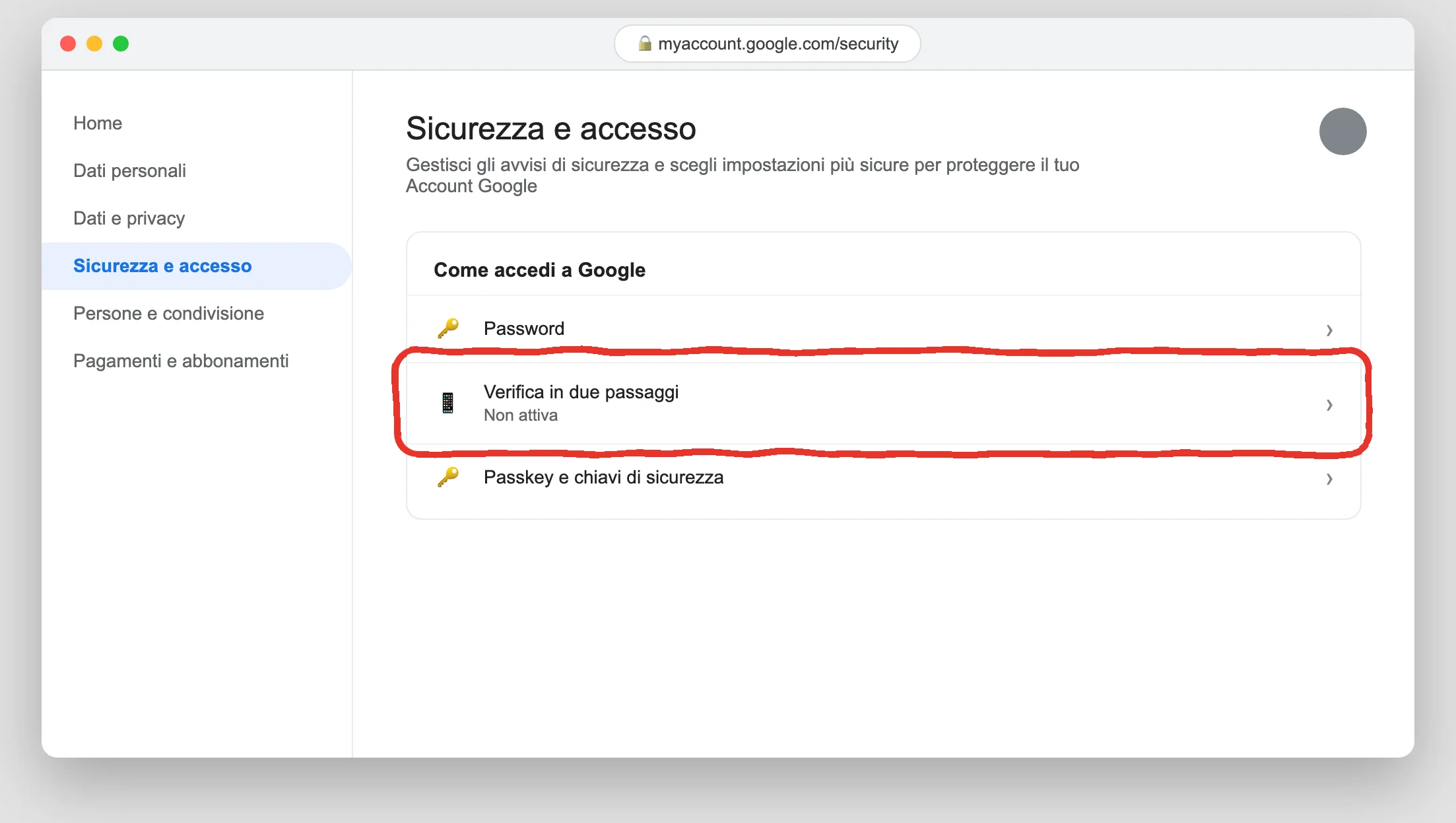 La pagina Sicurezza e accesso dell'Account Google, con la voce Verifica in due passaggi (illustrazione ricostruita)