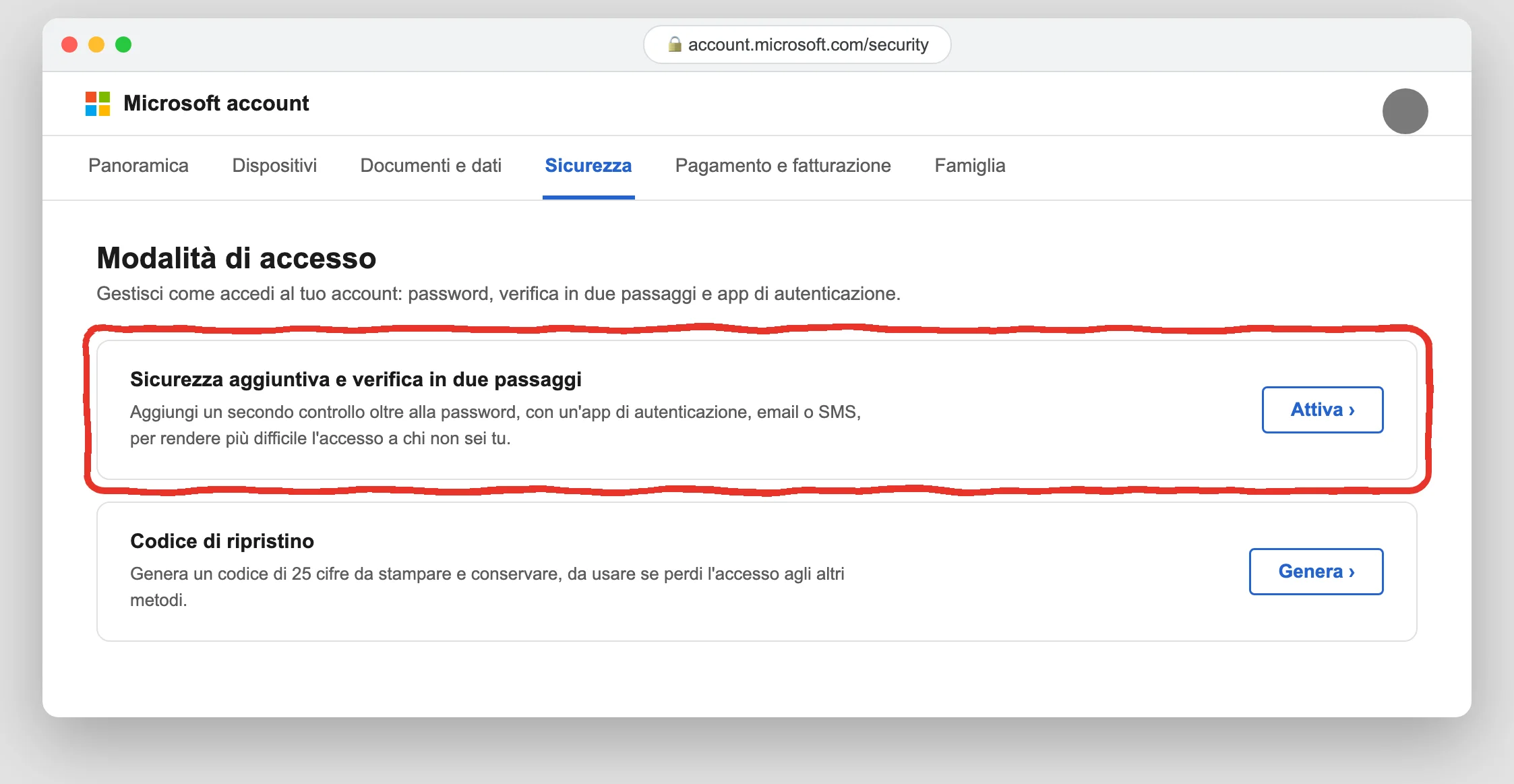 La pagina Modalità di accesso dell'Account Microsoft, con la sezione Sicurezza aggiuntiva e verifica in due passaggi (illustrazione ricostruita)