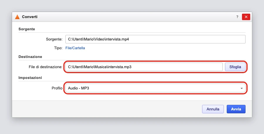 La finestra «Converti» di VLC su Windows, con il profilo «Audio - MP3» scelto e il file di destinazione che finisce in .mp3 — illustrazione ricostruita