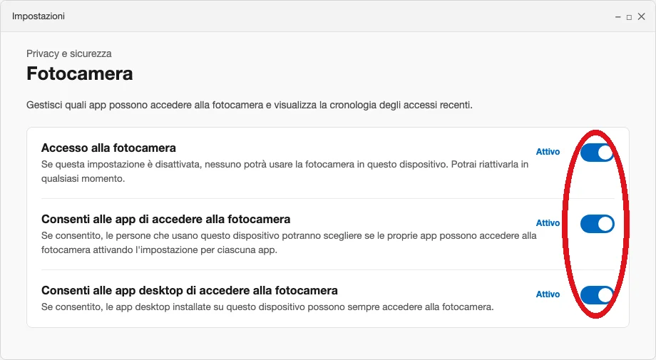 Ricostruzione della finestra Impostazioni → Privacy e sicurezza → Fotocamera su Windows, con i tre interruttori «Accesso alla fotocamera», «Consenti alle app di accedere alla fotocamera» e «Consenti alle app desktop di accedere alla fotocamera» tutti attivi