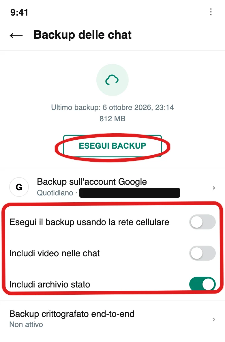 Impostazioni > Chat > Backup delle chat su Android: i tre interruttori (dati mobili, video, stati) e il pulsante Esegui backup (illustrazione ricostruita)
