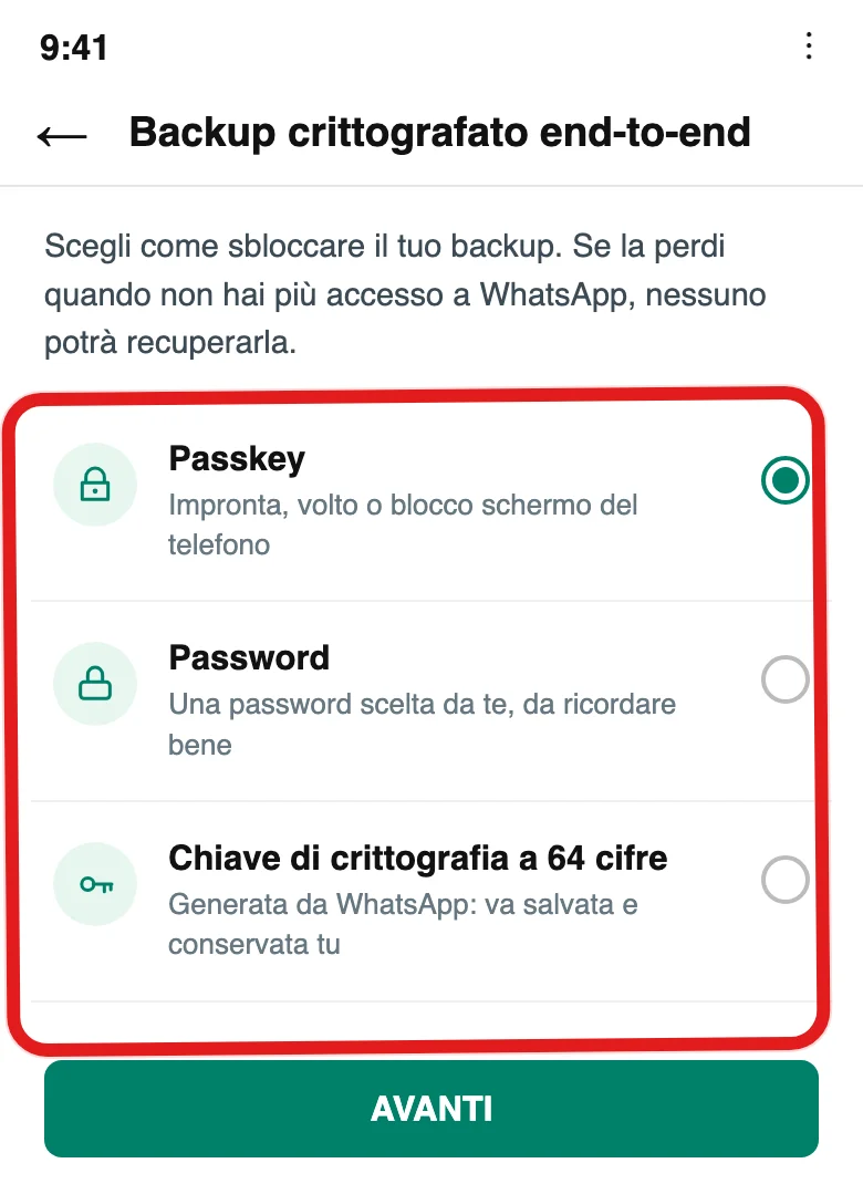 La schermata di scelta fra passkey, password e chiave di crittografia a 64 cifre per il backup end-to-end (illustrazione ricostruita)