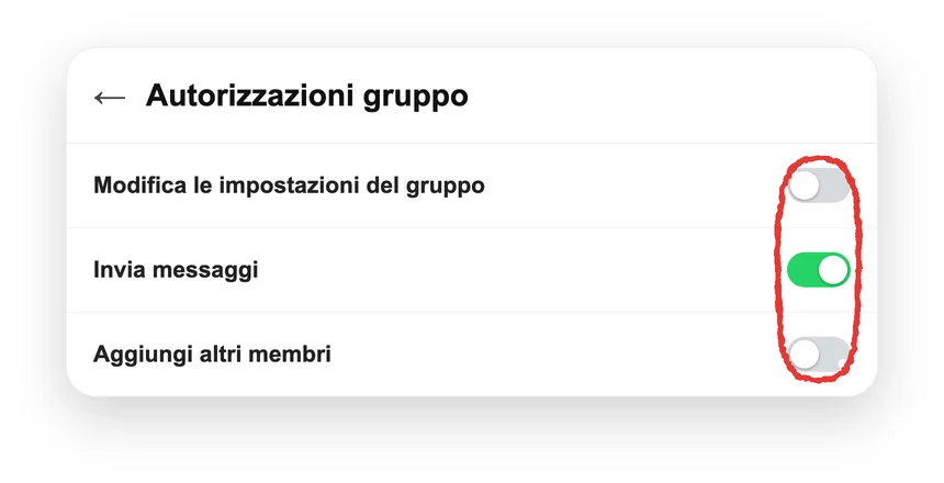 Ricostruzione della schermata «Autorizzazioni gruppo», con gli interruttori per decidere chi può modificare le info del gruppo, inviare messaggi e aggiungere membri