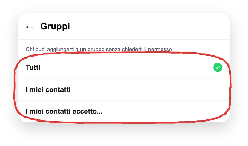 Ricostruzione della schermata «Gruppi» nelle impostazioni privacy, con le tre opzioni su chi può aggiungerti: Tutti, I miei contatti, I miei contatti eccetto...