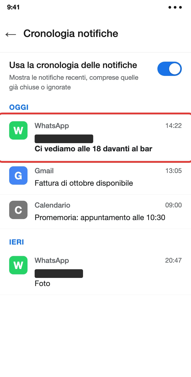 Impostazioni > Notifiche > Cronologia notifiche su Android: l'interruttore acceso e l'elenco delle notifiche recenti, con il nome del mittente coperto e il testo dell'anteprima ancora leggibile (illustrazione ricostruita)