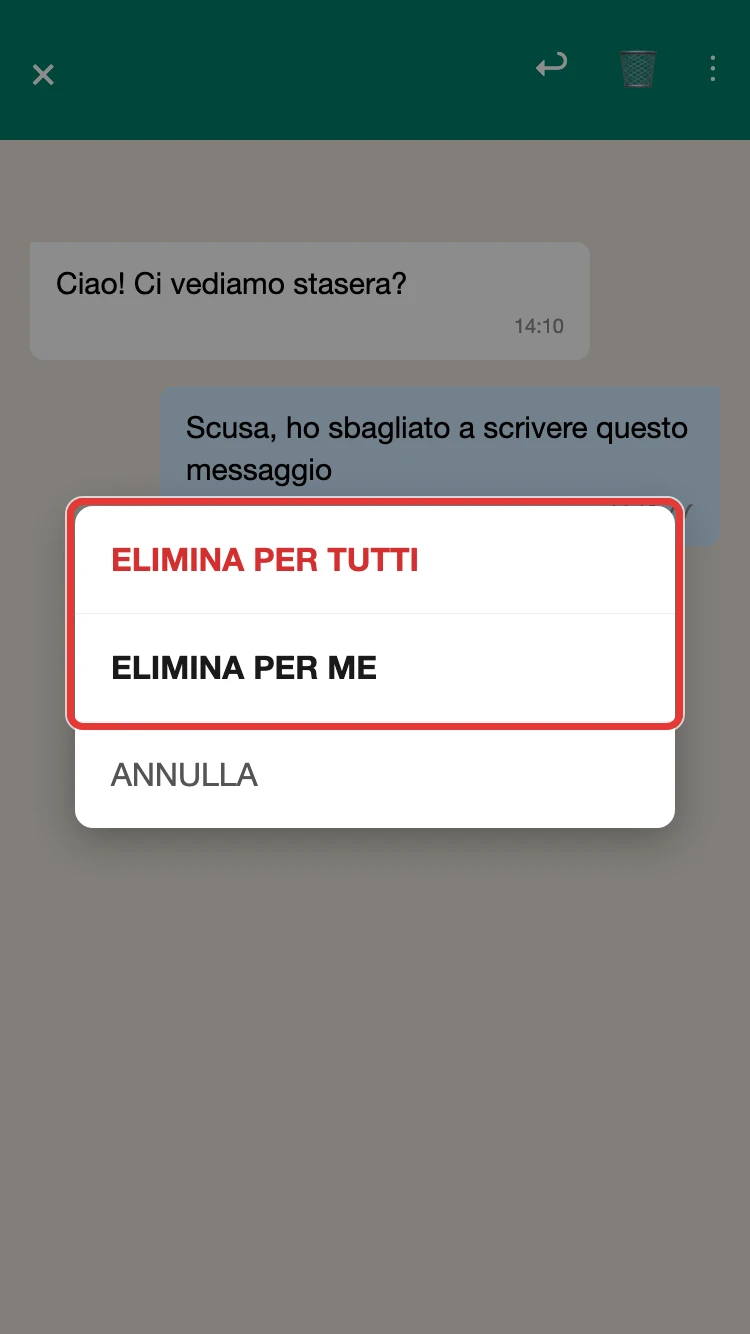 Il menu che compare tenendo premuto un messaggio in una chat WhatsApp, dopo aver toccato l'icona del cestino: le opzioni Elimina per tutti, Elimina per me e Annulla (illustrazione ricostruita)