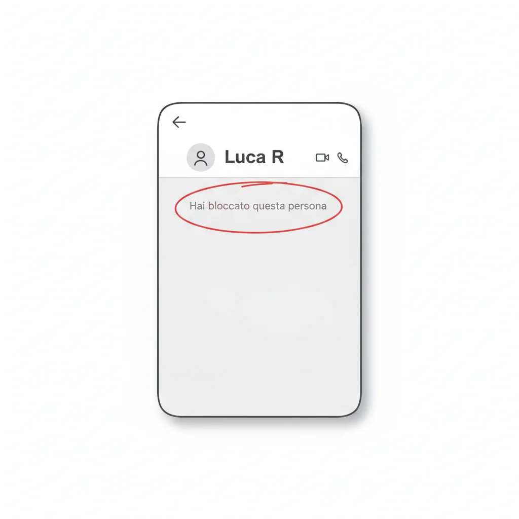 La scritta «Hai bloccato questa persona» sotto il nome di un contatto, cerchiata in rosso (illustrazione ricostruita, non uno screenshot vero: la pagina ufficiale WhatsApp che descrive questa scritta non la mostra a schermo, nome del contatto inventato)