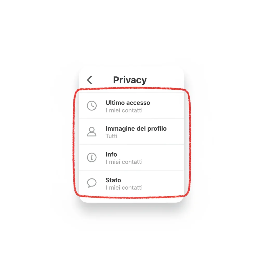 La schermata Impostazioni > Privacy con le voci Ultimo accesso, Immagine del profilo, Info e Stato, cerchiate in rosso (illustrazione ricostruita, non uno screenshot vero: le pagine ufficiali WhatsApp su questo percorso non mostrano uno screenshot dell'app)