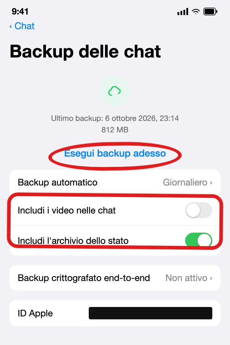 Impostazioni > Chat > Backup delle chat su iPhone: il pulsante Esegui backup adesso e gli interruttori video/stato (illustrazione ricostruita)