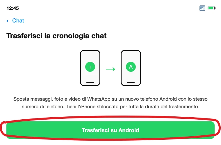 La schermata WhatsApp su iPhone, in Chat → Trasferisci la cronologia chat, col pulsante Trasferisci su Android