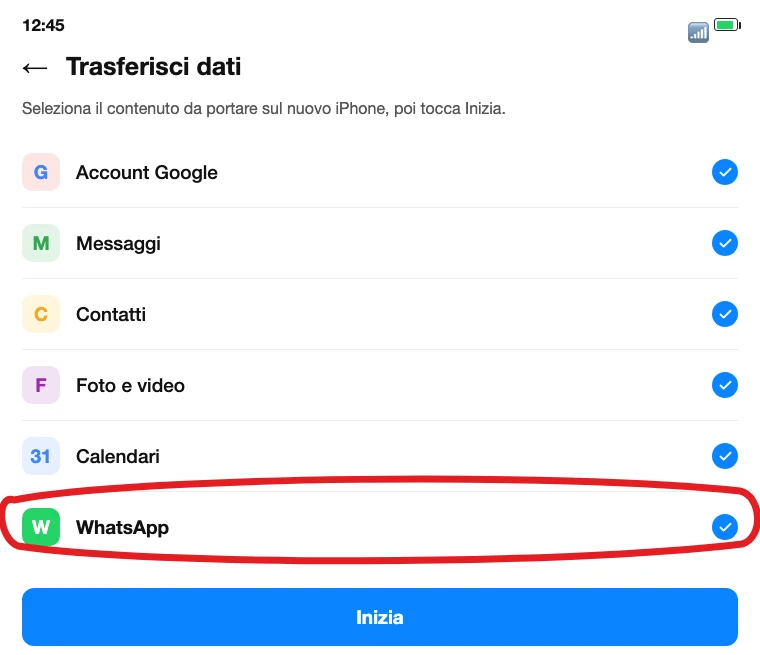 La schermata «Trasferisci dati» dell'app Passa a iOS su Android, con WhatsApp da selezionare fra le voci