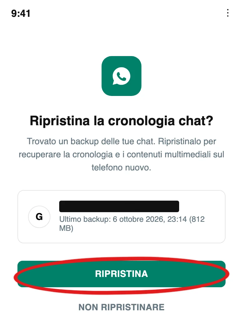 La schermata della prima configurazione di WhatsApp con la proposta Ripristina la cronologia chat e il pulsante Ripristina (illustrazione ricostruita)