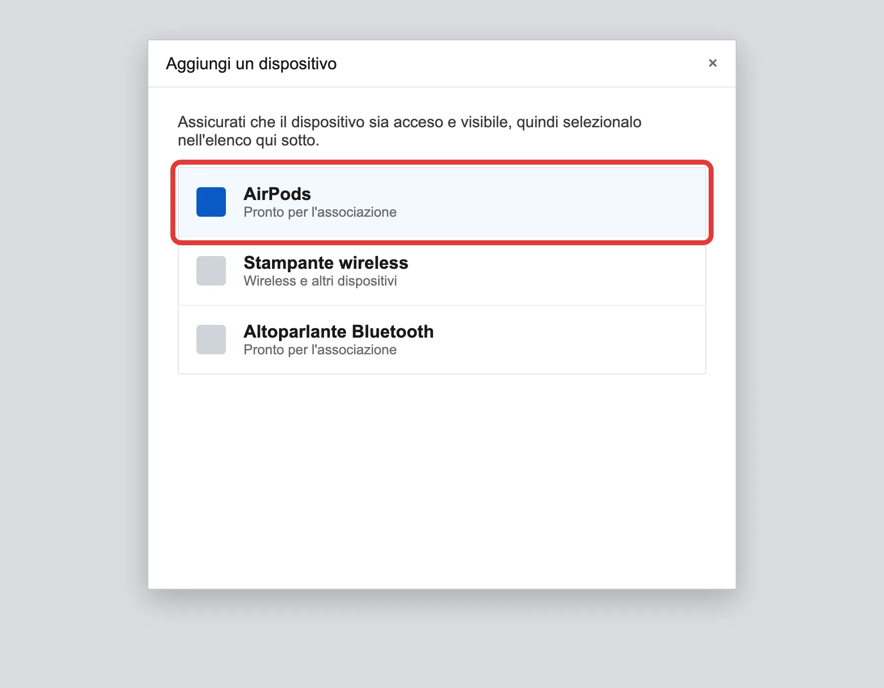 La finestra «Aggiungi un dispositivo» di Windows 10, con le AirPods individuate nell'elenco e cerchiate in rosso. Illustrazione ricostruita, non uno screenshot reale: nessuna pagina ufficiale Microsoft letta in questa ricerca aveva lo screenshot esatto di questa finestra.