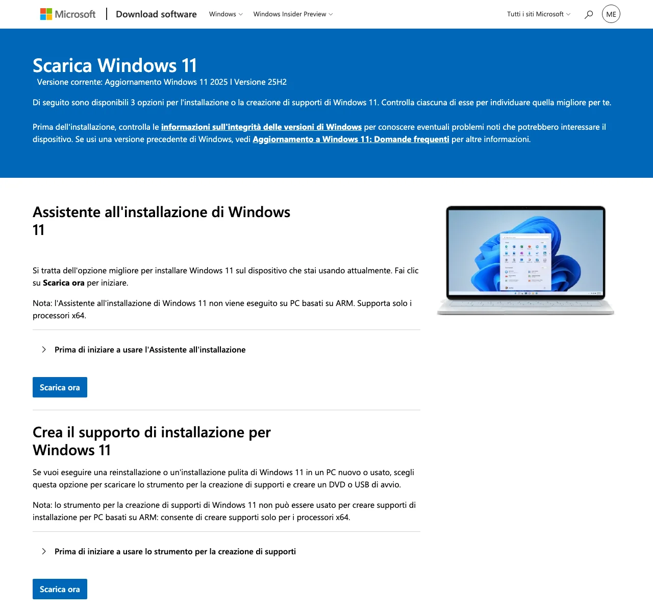 La pagina Microsoft «Scarica Windows 11»: l’Assistente all’installazione e, sotto, l’inizio della sezione per creare il supporto di installazione, ognuno con il suo pulsante «Scarica ora». Fotografata il 26 settembre 2026 dal sito Microsoft