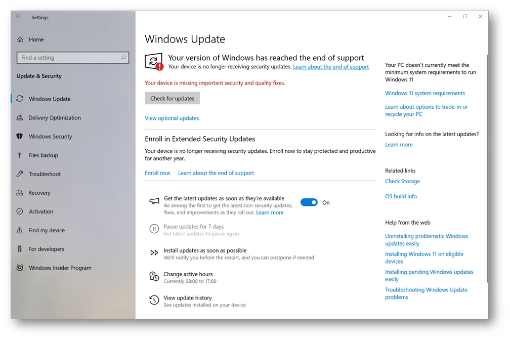 Windows Update in Windows 10 (in inglese) con la sezione «Enroll in Extended Security Updates» e il collegamento «Enroll now», che in italiano è «Iscriviti ora». Immagine tratta dalla guida di ICT Power sull’attivazione dell’ESU