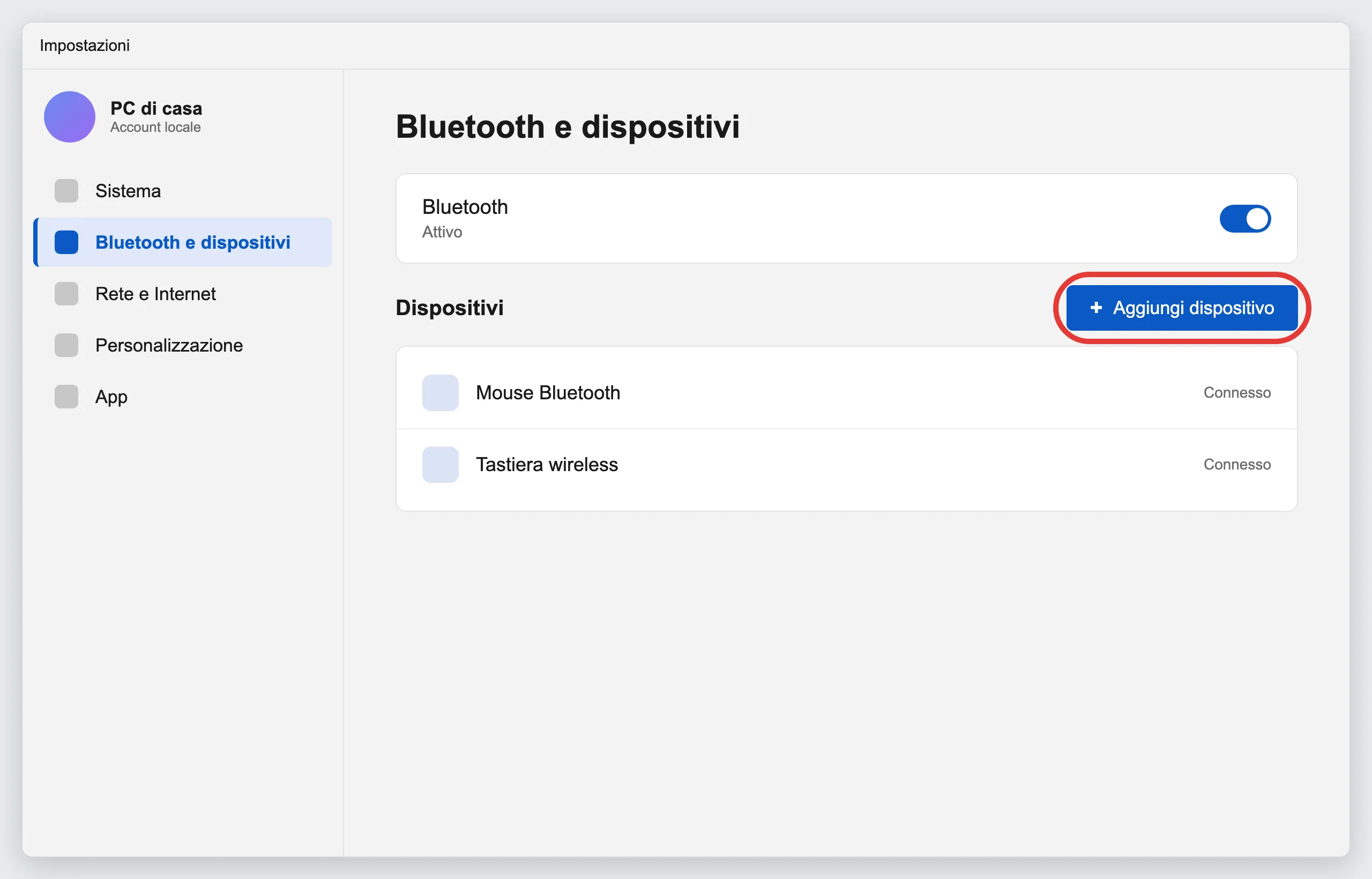 Windows 11, Impostazioni > Bluetooth e dispositivi: l'elenco dei dispositivi collegati e il pulsante «Aggiungi dispositivo» cerchiato in rosso. Illustrazione ricostruita, non uno screenshot reale: nessuna pagina ufficiale Microsoft letta in questa ricerca aveva lo screenshot esatto di questa schermata.