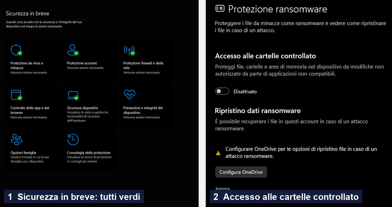 Sicurezza di Windows: a sinistra la schermata iniziale con tutti i segni di spunta verdi, a destra la pagina «Protezione ransomware», dove «Accesso alle cartelle controllato» è spento di fabbrica e si accende con l'interruttore