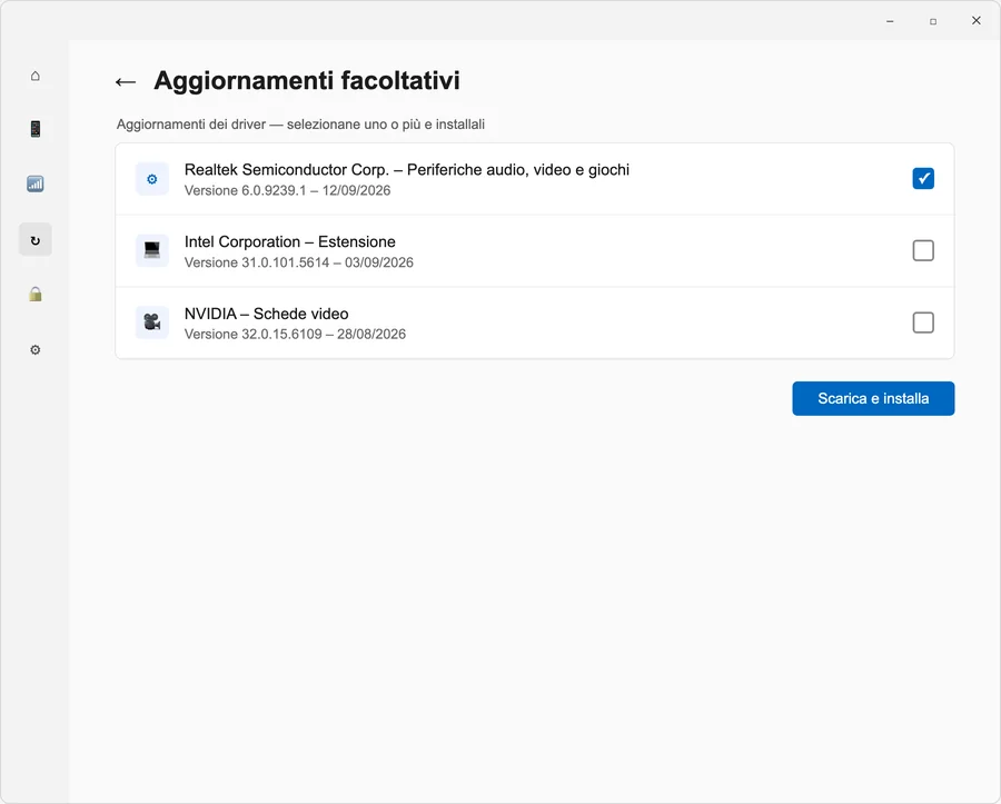 Windows 11, Impostazioni → Windows Update → Opzioni avanzate → Aggiornamenti facoltativi: l'elenco dei driver disponibili, ognuno con la sua casella da spuntare. Illustrazione ricostruita, non uno screenshot reale: nessuna pagina Microsoft ufficiale letta in questa ricerca mostra questa schermata precisa.
