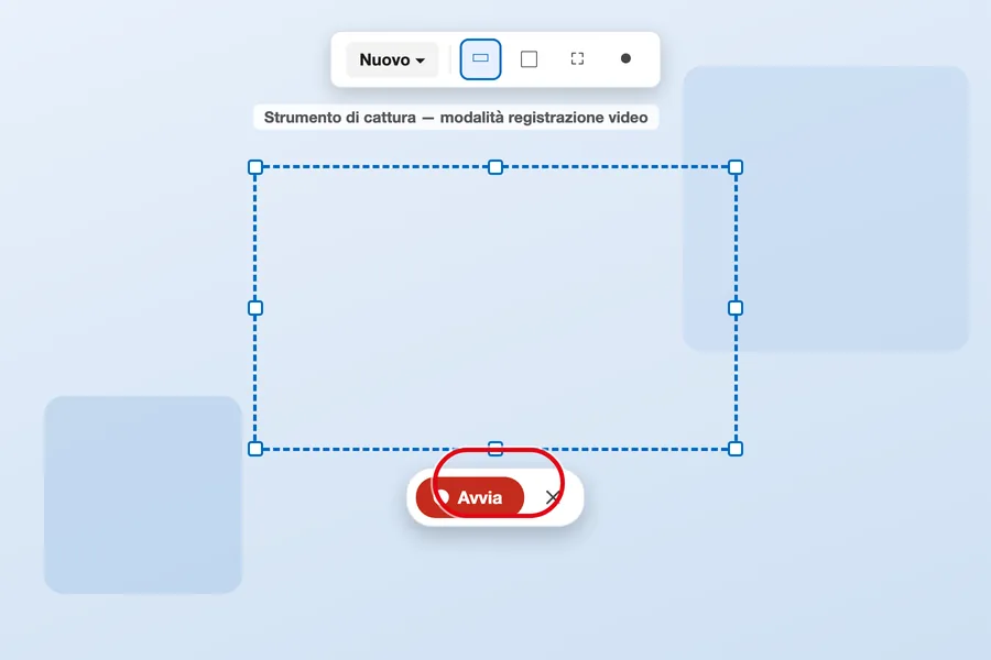 Illustrazione ricostruita dello Strumento di cattura di Windows 11 in modalità registrazione video, con il rettangolo di selezione attivo e il pulsante Avvia in evidenza