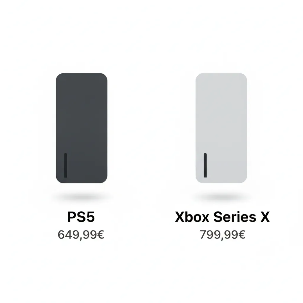 PS5 649,99€ contro Xbox Series X 799,99€, a confronto (illustrazione ricostruita, nessun logo ufficiale)