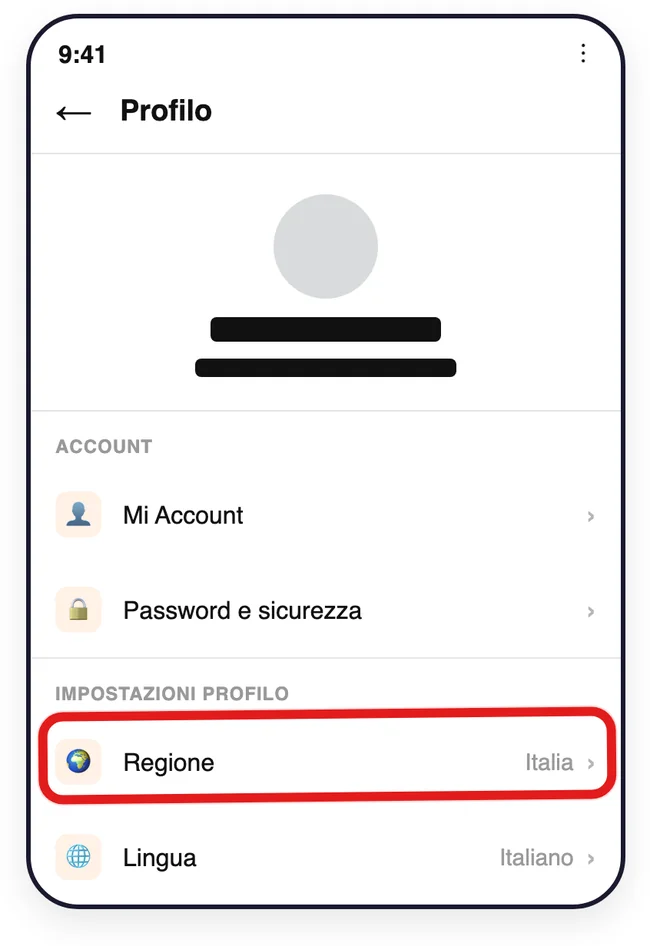 Ricostruzione: nell'app Xiaomi Home, impostazioni del profilo con la voce Regione (valore Italia) e la voce Lingua; nome e account coperti