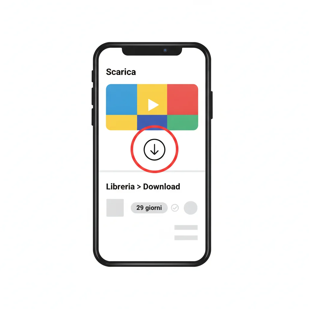 Illustrazione ricostruita: l'icona Scarica sotto un video in YouTube Premium e, sotto, la libreria Download con un video salvato e i 29 giorni di validità offline