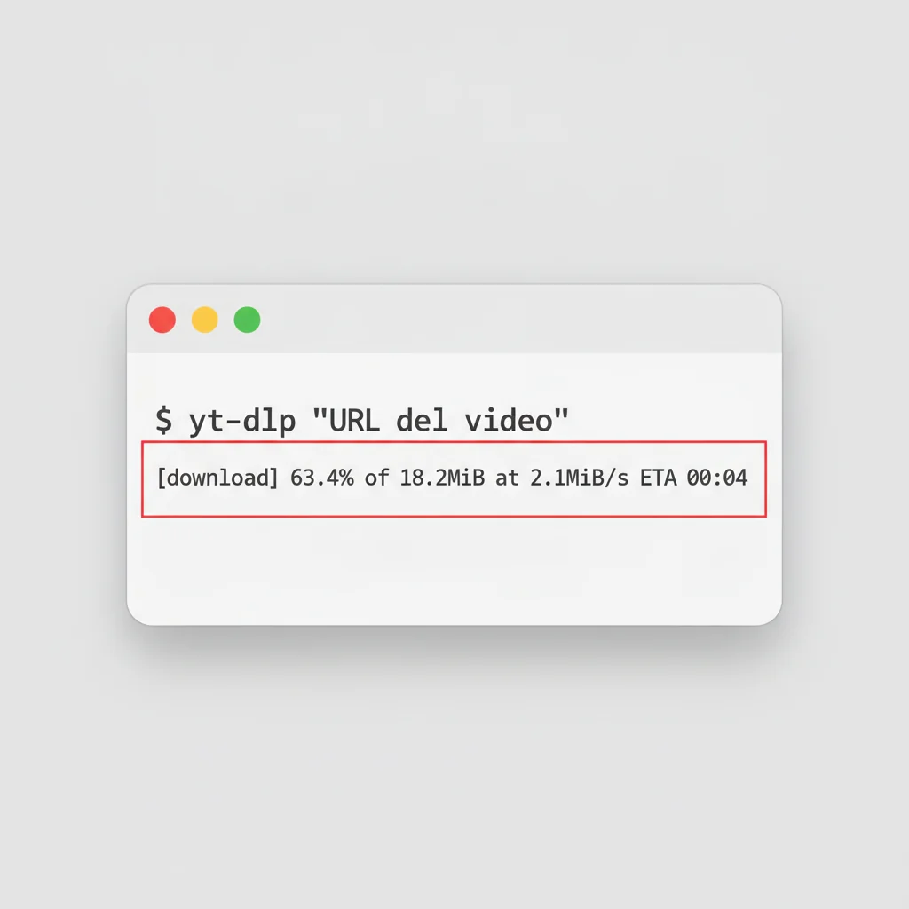 Illustrazione ricostruita: il Terminale con il comando yt-dlp lanciato e il download del video in corso, con la percentuale e la velocità di scaricamento