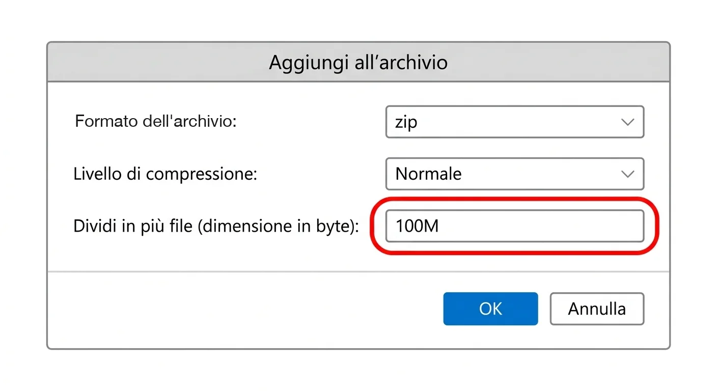 Ricostruzione della finestra di 7-Zip «Aggiungi all'archivio», con il campo «Dividi in più file (dimensione in byte)» compilato con il valore 100M
