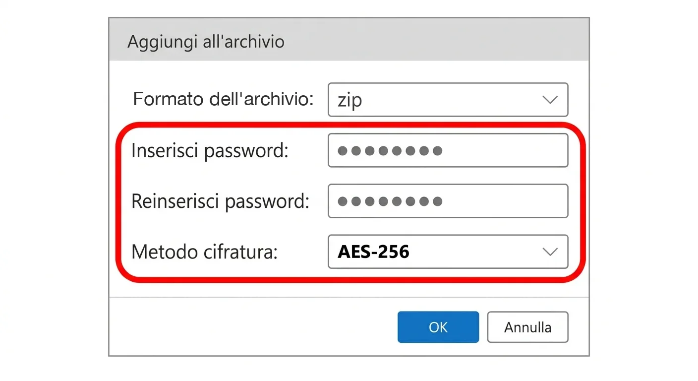 Ricostruzione della finestra di 7-Zip «Aggiungi all'archivio», con il formato ZIP selezionato, i campi Inserisci password e Reinserisci password compilati, e il campo Metodo cifratura su AES-256