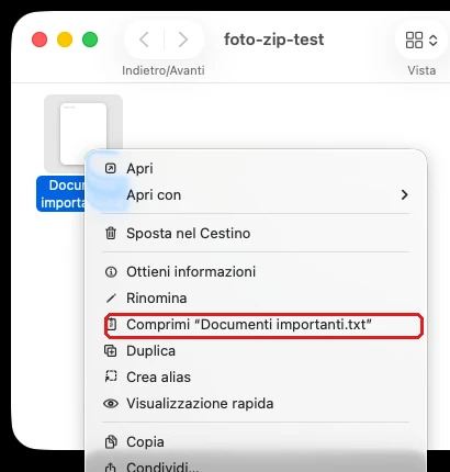 Mac, Finder con il menu di scelta rapida aperto su un file: la voce «Comprimi» cerchiata in rosso