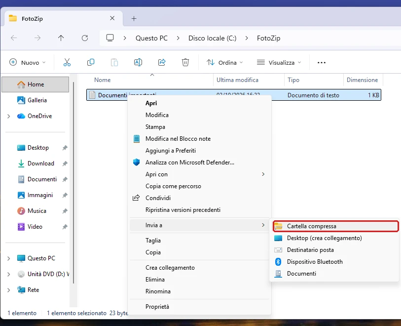 Windows 11, menu classico con «Invia a» aperto e la voce «Cartella compressa» cerchiata in rosso
